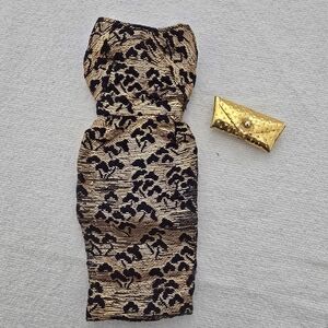 1963 Vtg Barbie Fashion Pak Lame Gold Navy Sheath Dress W/Gold Dimple Purse EUC.